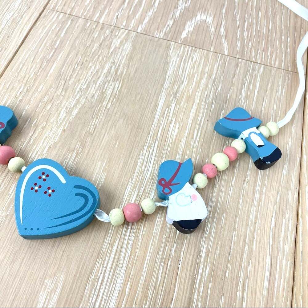 Hand Painted Country Cottage Core Wood Necklace People in Hats Heart